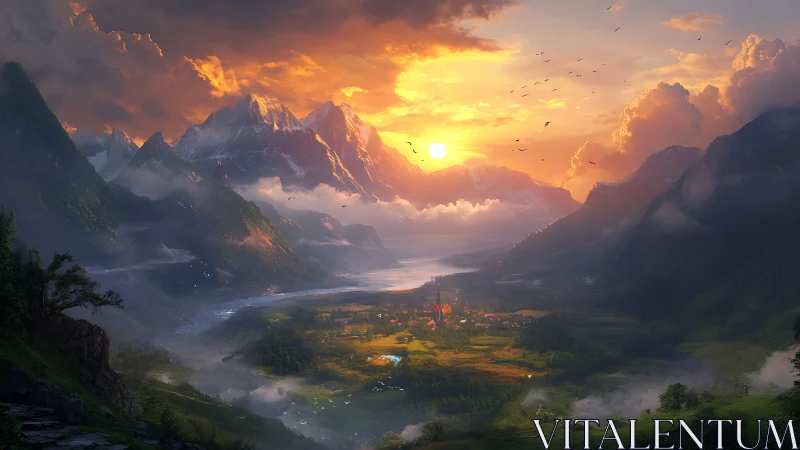 Sunrise spell over a misty valley village of secret dreams.