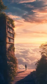 Solitary figure on skybridge above glowing cloud ocean.