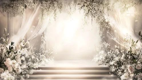 Ethereal wedding altar glows amid cascading white blossoms