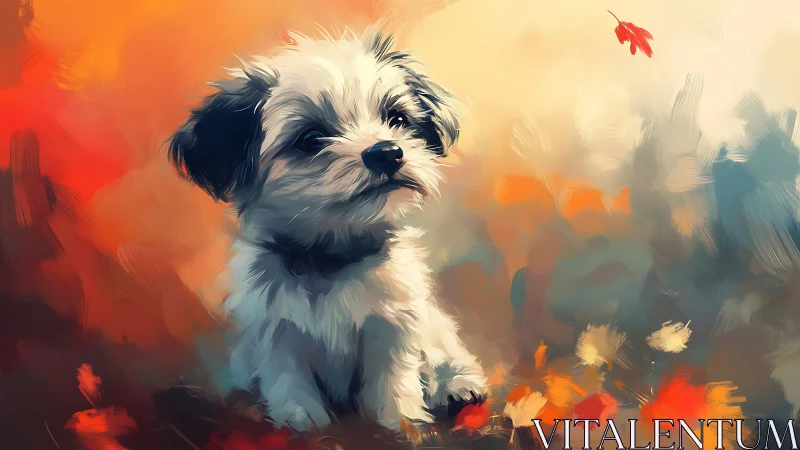 Digital painting depicts small dog against abstract foliage