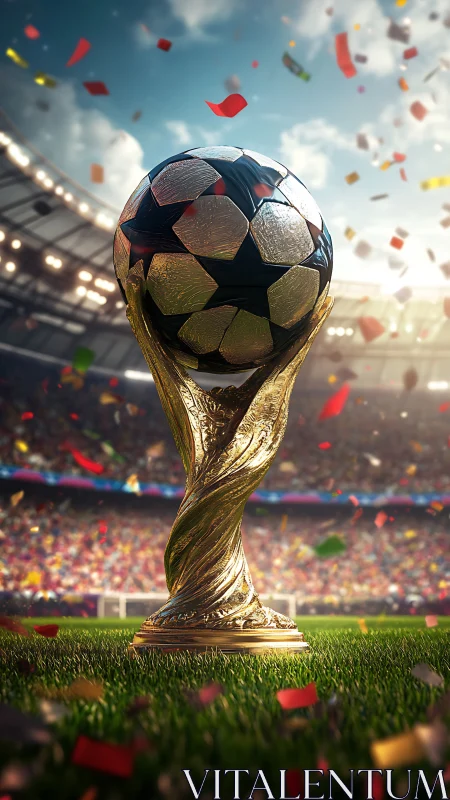 Golden football trophy stands on grass amid stadium confetti