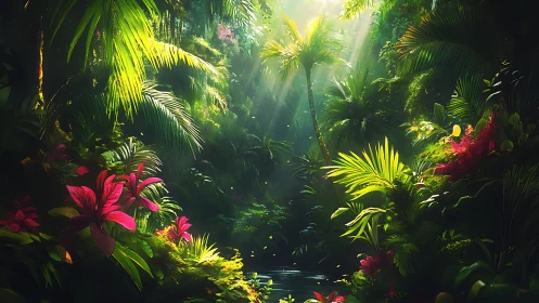 Tropical forest interior with directional light and flowering vegetation.