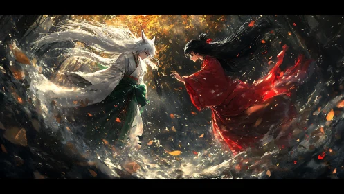 Spirit fox and shrine maiden clash amid swirling autumn storm.
