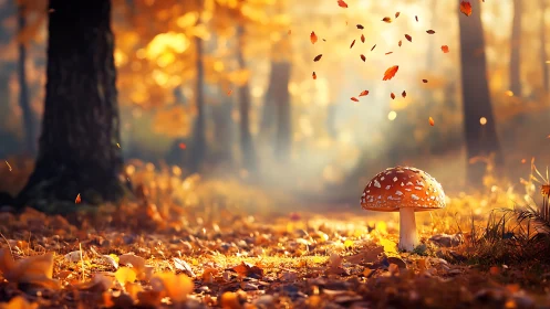 Sunlit autumn forest frames a magical red toadstool