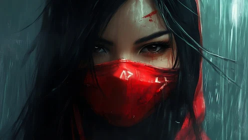 Hooded vigilante portrait with red mask and rain-streaked atmosphere.