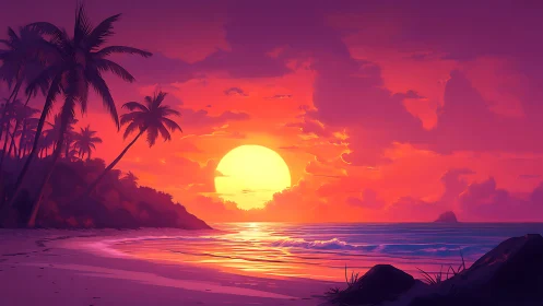 Tropical coastline with palm trees under vivid sunset sky.