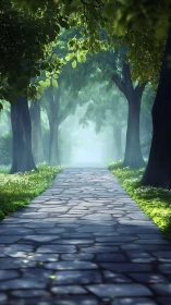 Sunlit Forest Path Through Ancient Trees.
