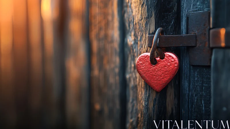 A Red Heart Lock Glows Warmly Against Dark Wood