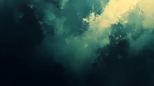 Abstract digital cloudscape with moody teal and yellow hues.