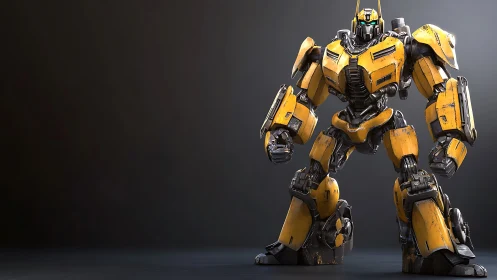Yellow armored humanoid robot in neutral studio setting.