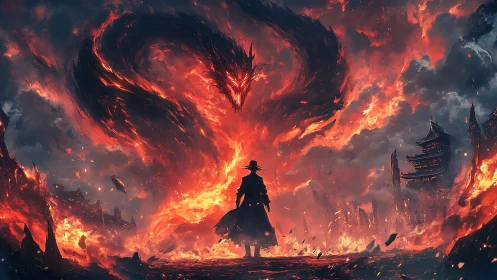 Lone warrior confronts colossal fire dragon over ruins.