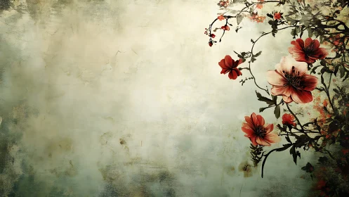 Asymmetric red floral vines overlay textured grunge background