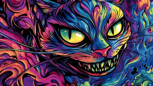 Vivid neon cat portrait with intense eyes and sharp teeth.