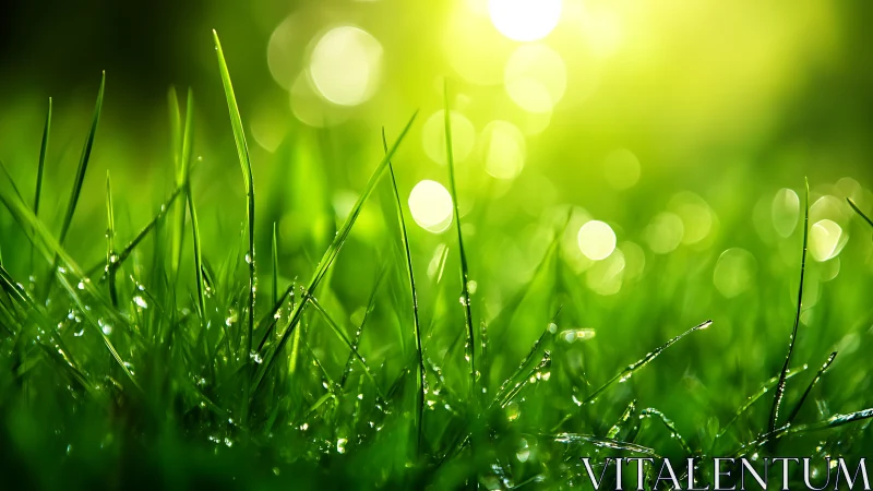 Dewlit grass blades bask in a glowing emerald sunrise dream.