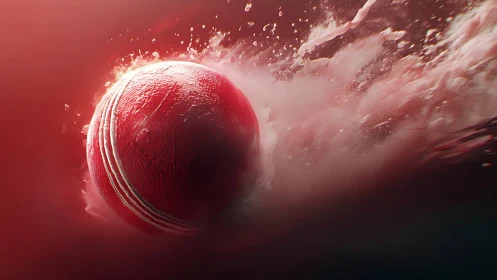 Dynamic red cricket ball exploding through swirling motion.