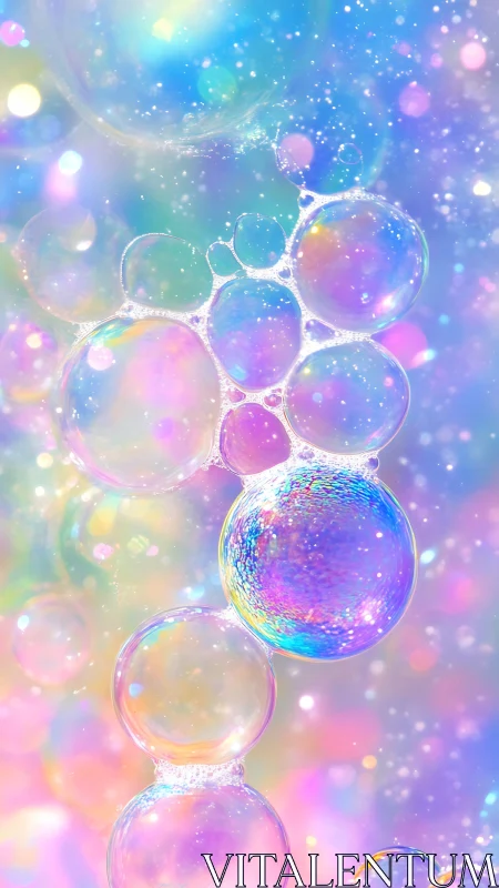 Iridescent soap bubble cluster with luminous bokeh field.