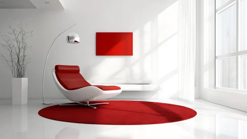 Minimalist red-white lounge with chromed arc floor luminaire.