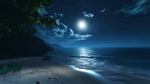 Moonlit shoreline whispering silver across midnight tides.