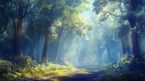 Sunlit Forest Path Through Ancient Trees.