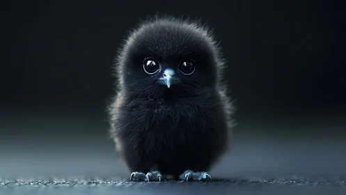 Tiny black chick with glossy eyes on dark backdrop.