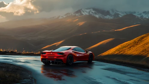 Red mid‑engine supercar on wet mountain pass under storm light