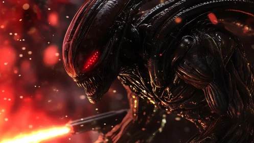 Fierce biomech alien warrior glowing in molten red light.