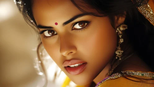 Hyperreal close-up portrait of woman with bindi and jewelry