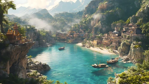 Sunlit jade harbor cradling cliff temples and hidden port.
