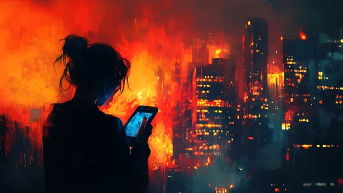 Silhouette with smartphone against illuminated city skyline.