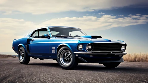 Vintage blue muscle car on open highway in dramatic light.