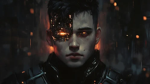 Cybernetic loner with burning eye in neon-soaked shadows.
