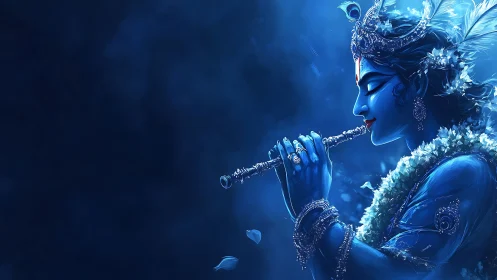 Moonlit blue flutist pours quiet music into the night