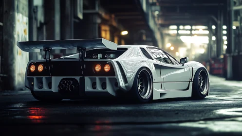 Widebody track car with oversized rear wing under moody warehouse lighting