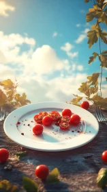 Sunlit cherry tomatoes on rustic plate under open sky.