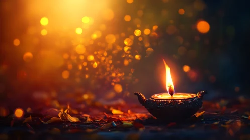 Ornamental Oil Lamp With Vibrant Golden Bokeh Illumination.