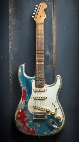 Worn blue electric guitar hangs vertically against dark wood