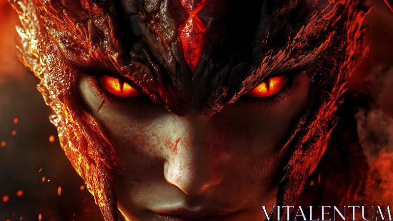 Molten armored humanoid face with glowing ember eyes.