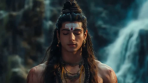 Digitally rendered ascetic figure in meditative pose before waterfall