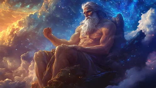 Celestial titan broods between dawnfire and star-swept void.