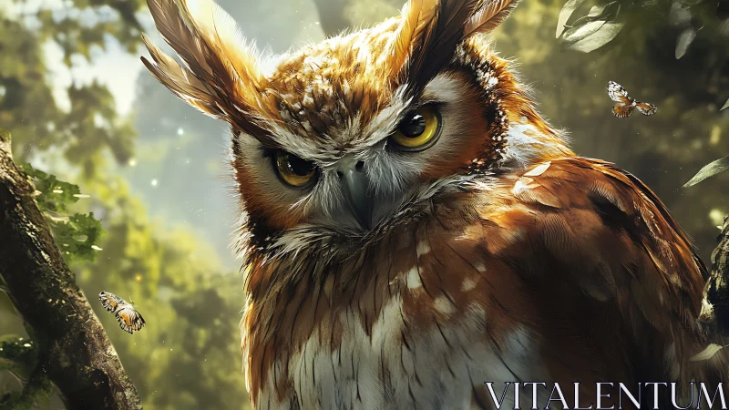 Majestic owl in sunlit forest, hyper-realistic digital art style.