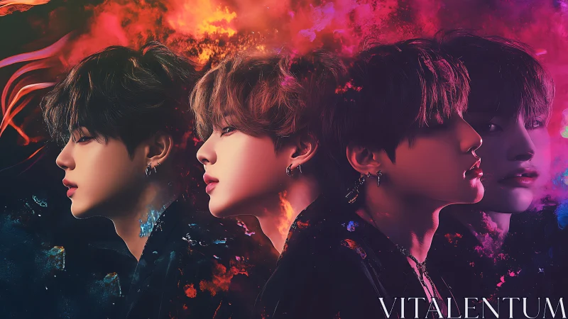 Multiple male profiles are composed against vivid color clouds