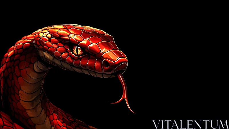 Digital painting portrait of coiled red serpent on black field.