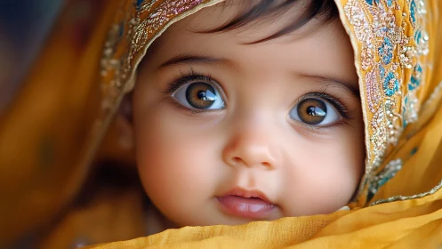 Golden Draped Infant Portrait with Ornamental Textile.