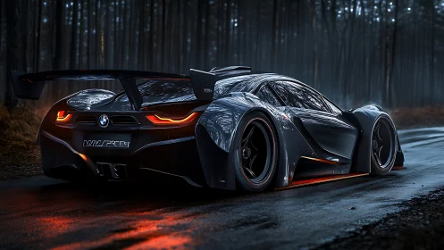 BMW hypercar rendered on wet forest road at dusk.
