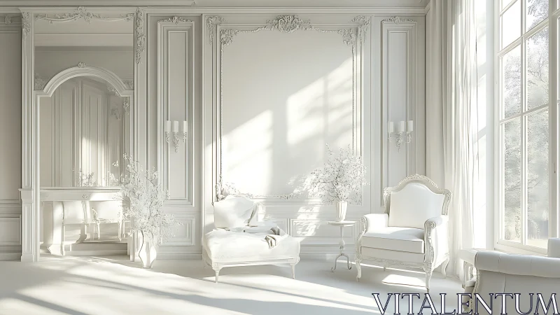 Sunlit monochrome neoclassical salon with ornate panel molding