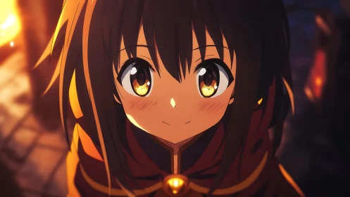 Firelit mage gazes upward while emberlight crowns her smile