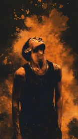 Fiery portrait shows a lone figure rising in glowing orange light