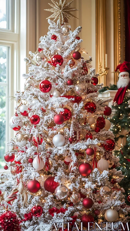 Snowy red and gold Christmas tree glowing with cozy cheer.