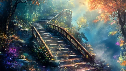 Stone stairway ascending through dense, colorful forest.