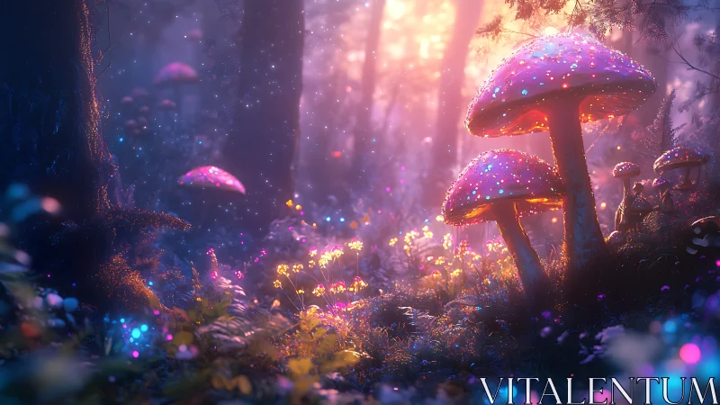 Glowing mushroom grove beneath dreamy forest twilight.